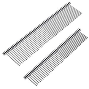 2 Pack Dog Combs with Rounded Ends Stainless Steel Teeth, Cat Comb for…