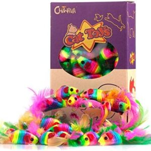 CHIWAVA 24PCS 5″ Rattle Cat Toys Mice with Feathers Rainbow Rope Mouse…